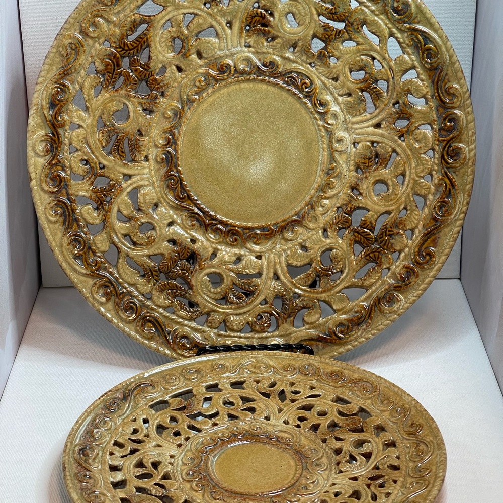 Vintage Porcelain Display Plates  Ornate Cutwork & Glazed Finish (Set of 2)